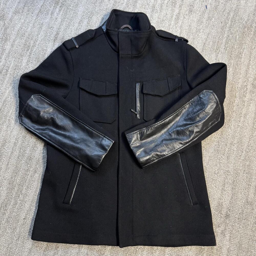 Cole Haan Coat Mens Size M Black Wool Military Jacket Leather Trim Full Zip